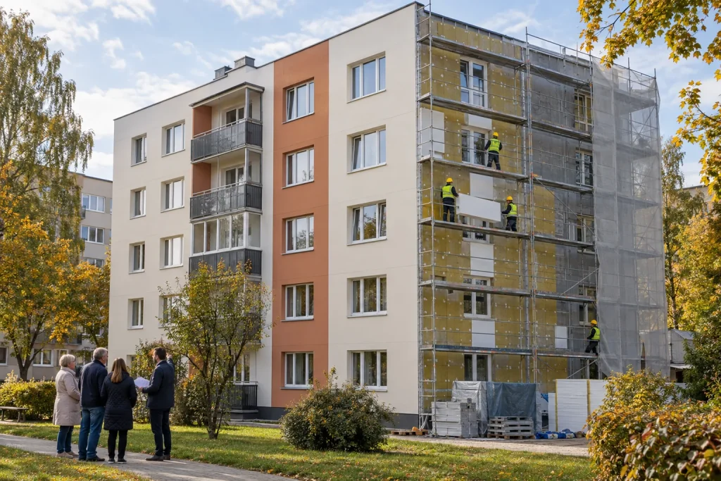 Renovuojamas daugiabutis ir naujinamas jo fasadas