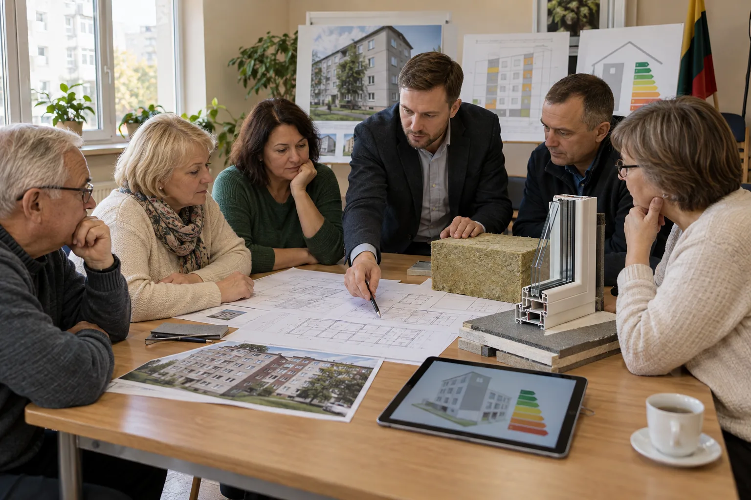 Gyventojai su specialistu aptaria daugiabučio renovacijos planą