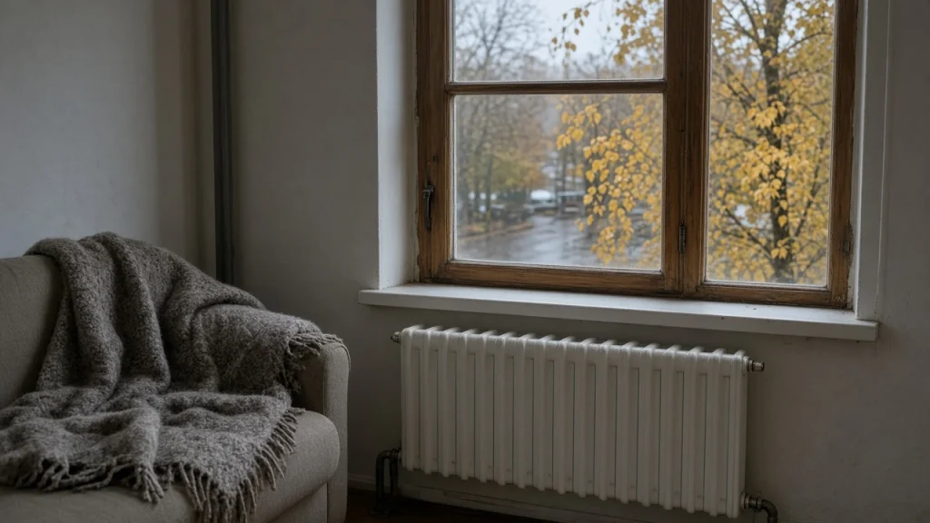 Radiatorius po langu Lietuvos bute rudenį, prieš šildymo sezono pradžią